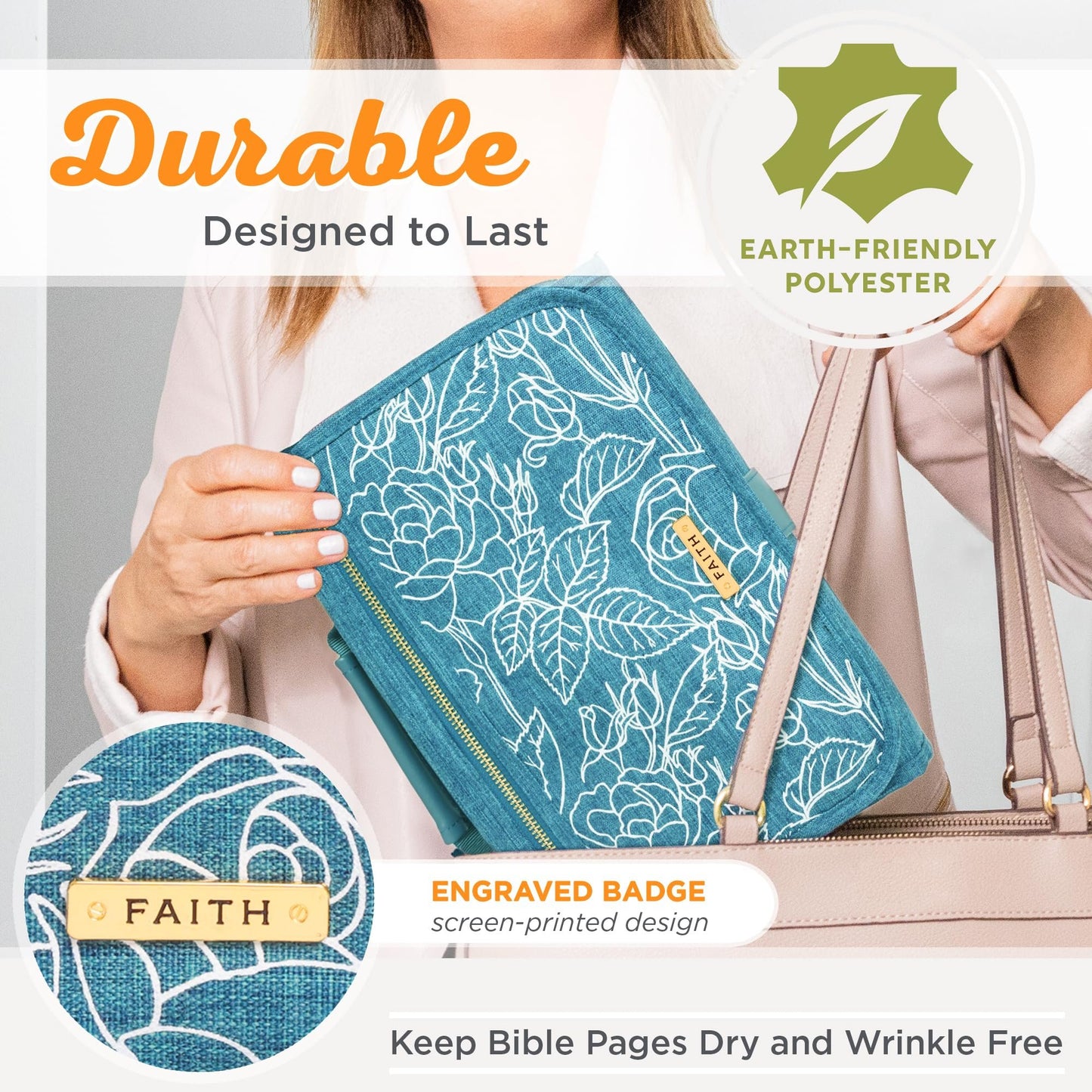 Christian Art Gifts Faith Badge Floral Women's Tri-Fold Organizer Bible Cover Zipper Closure, Teal Canvas, Large