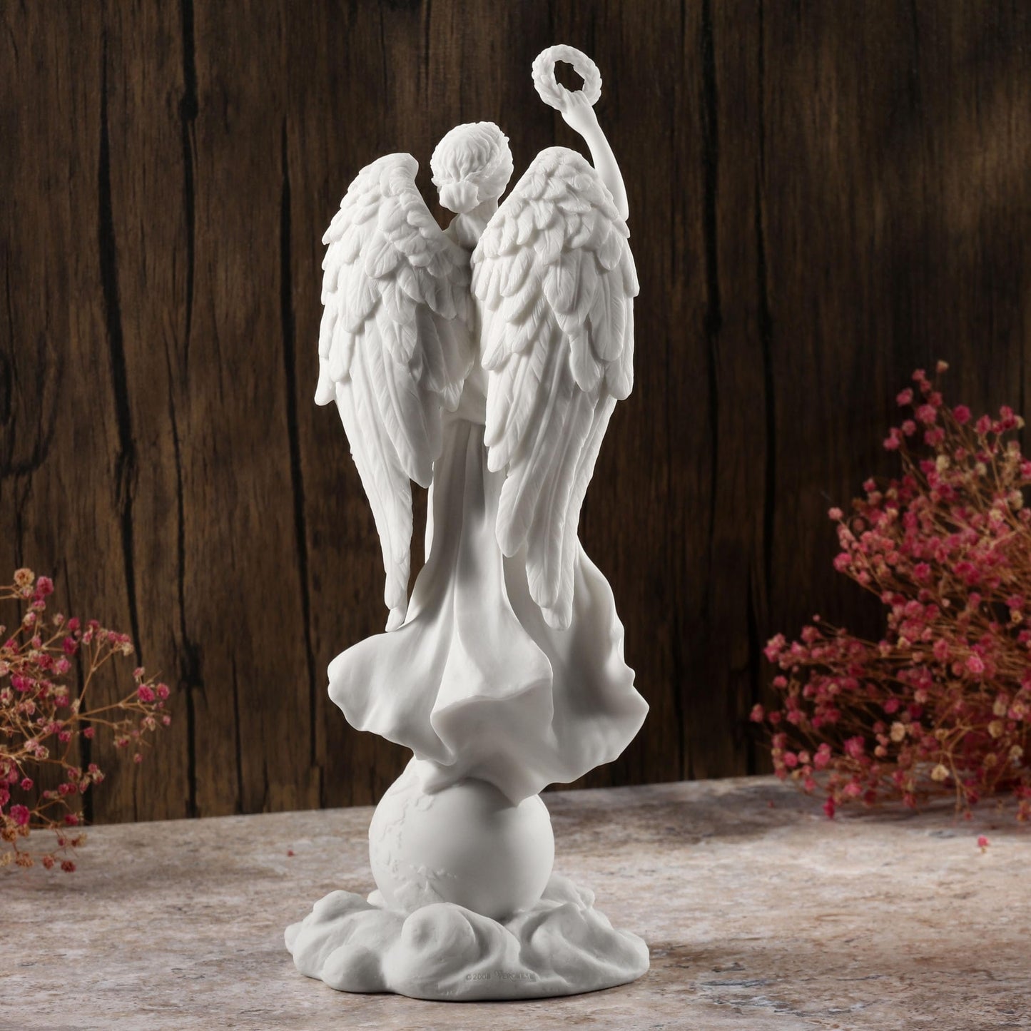Veronese Design 11 3/8 Inch Angel Holding Wreath Standing On Globe Resin Sculpture Marble White Finish