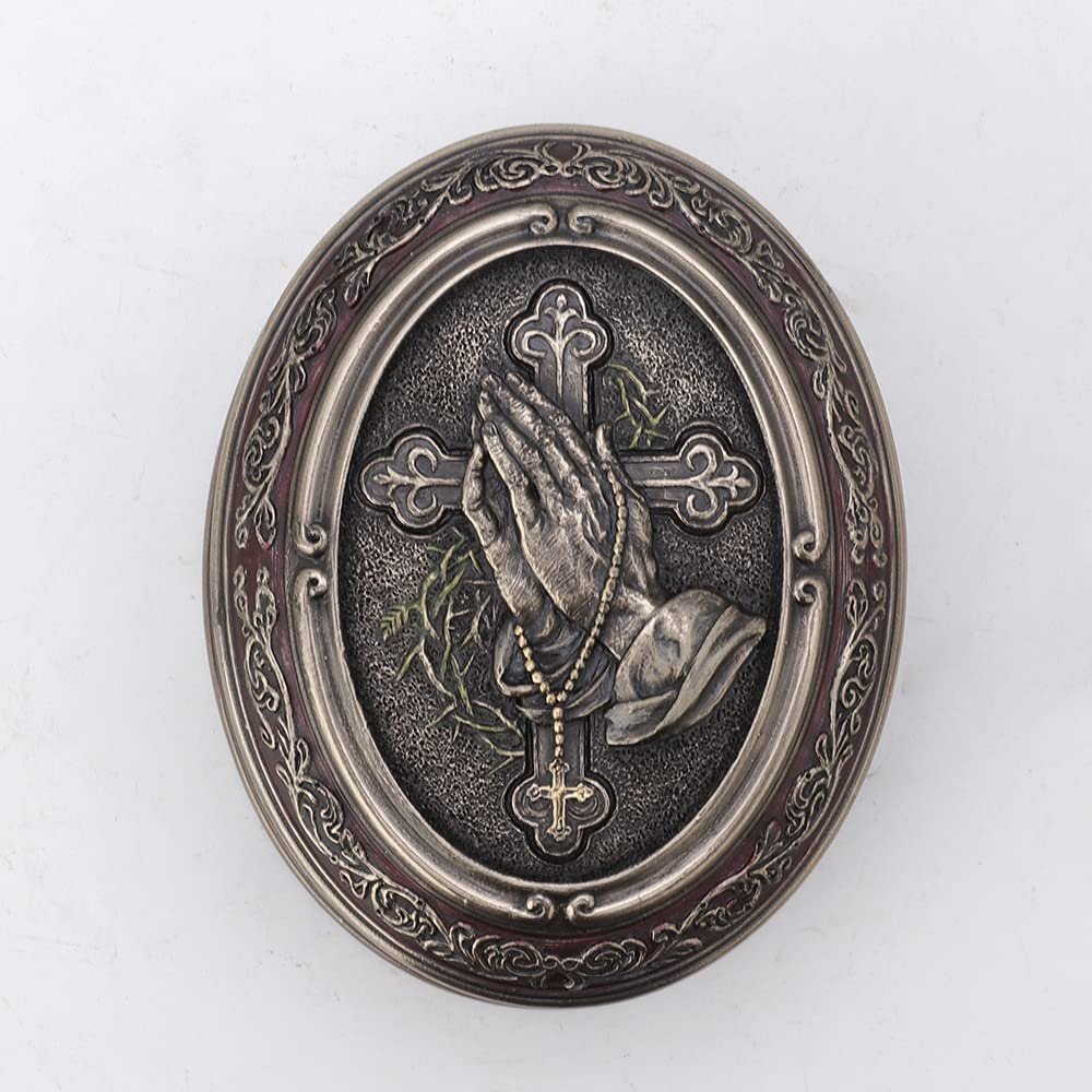 Veronese Design 2 1/2 Inch Tall Praying Hand Oval Shape Trinket Box Cold Cast Bronzed Resin Sculpture Religious Decor Figurine