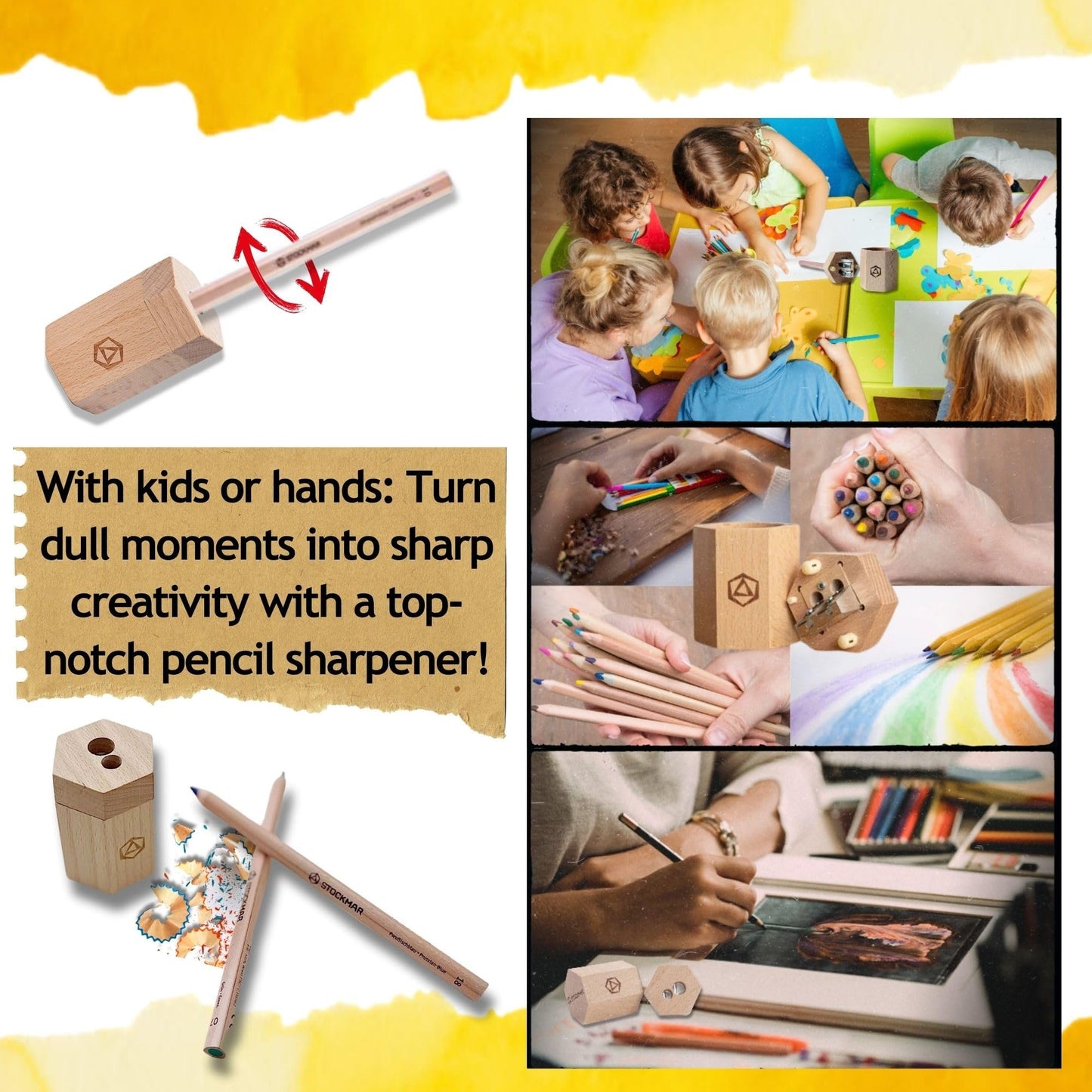 Stockmar Dual Pencil Sharpener FSC Lime Wood for Thin and Thick Pencils - Triangular and Hexagonal Shape - Colour Giants Stockmar, Waldorf Art Supplies, Made in Germany