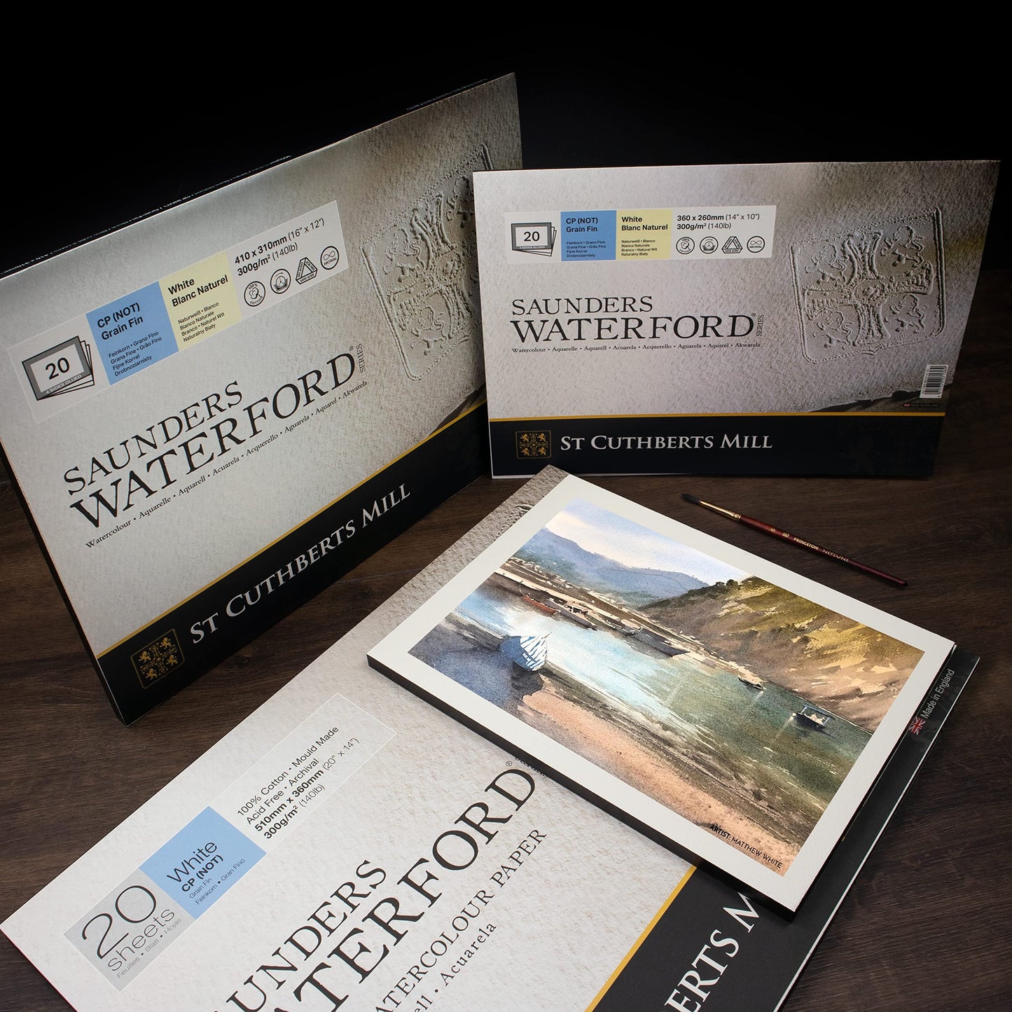 St. Cuthberts Mill Saunders Watercolor Paper Block - 20x14-inch White 100% Cotton - 20 Sheets of 140lb Cold Press for Gouache Ink Acrylic Charcoal and More