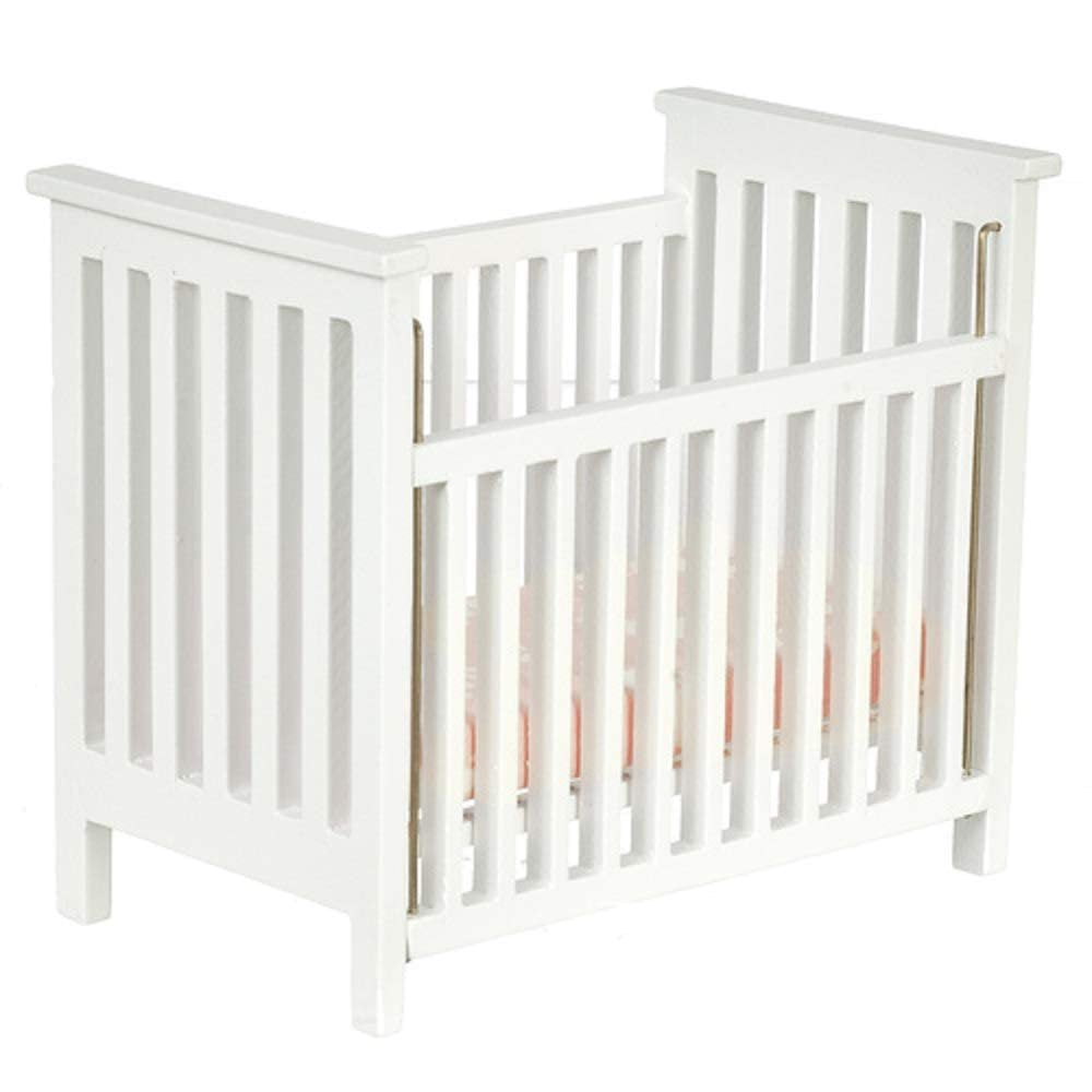 Classics by Handley Dollhouse Miniature White Slatted Nursery Crib with Pink Fabric