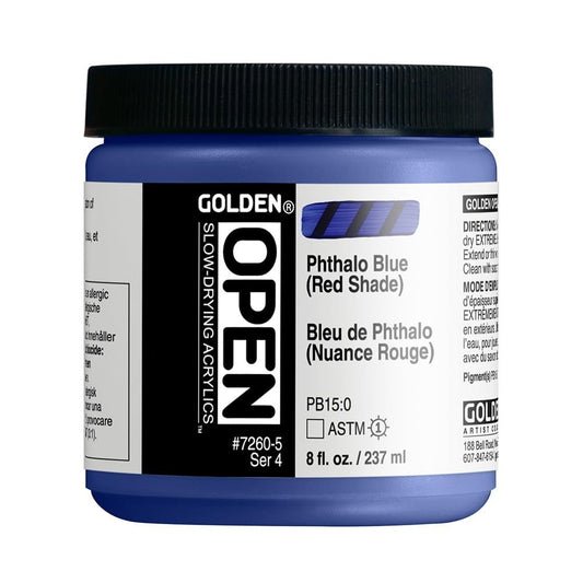 GOLDEN OPEN Slow-Drying Acrylics, Phthalo Blue/R.S., 8 fl oz. Jar, Professional Acrylic Paint, Transparent