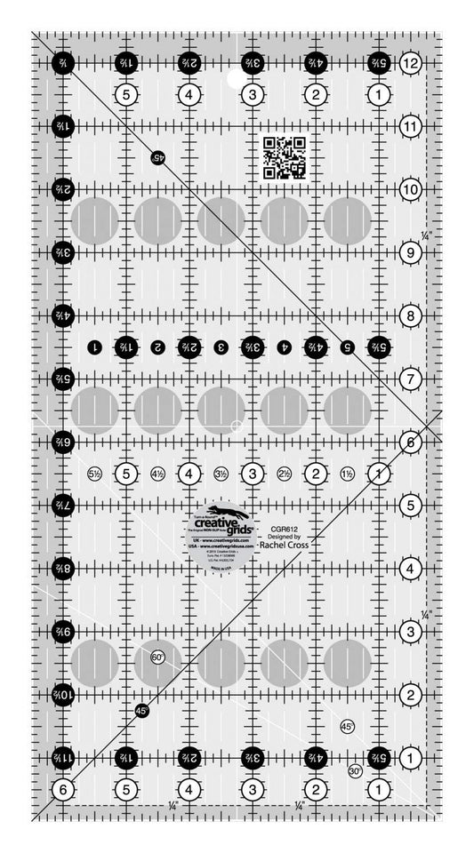 Creative Grids Quilt Ruler 6-1/2in x 12-1/2in Rectangle – CGR612 – Made in USA, Non-Slip Grip Acrylic Quilting, Sewing, Crafting, Patchwork Ruler for Measuring & Cutting Fabric