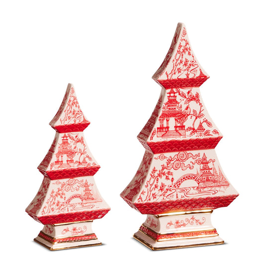 Raz Imports 2024 Christmas in The Garden 9"" Red Chinoiserie Trees, Set of 2, 4457727