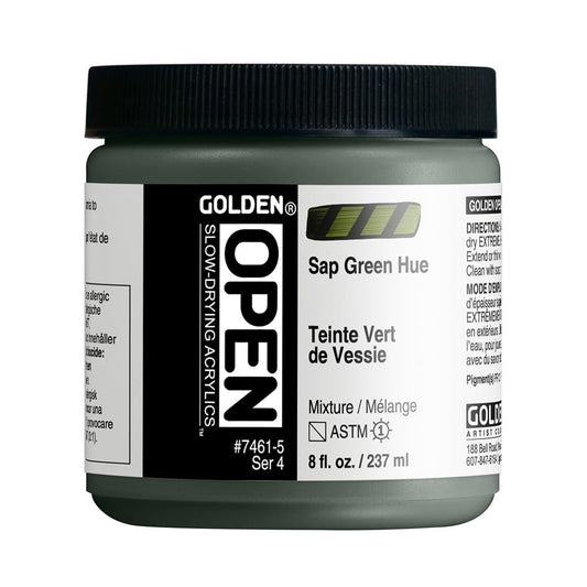 GOLDEN OPEN Slow-Drying Acrylics, Sap Green Hue, 8 fl oz. Jar, Professional Acrylic Paint, Semi-Transparent
