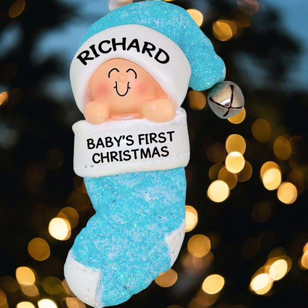 Baby's First Xmas Blue Boy in Stocking Xmas Tree Ornament - Engraving or Personalization Not Included