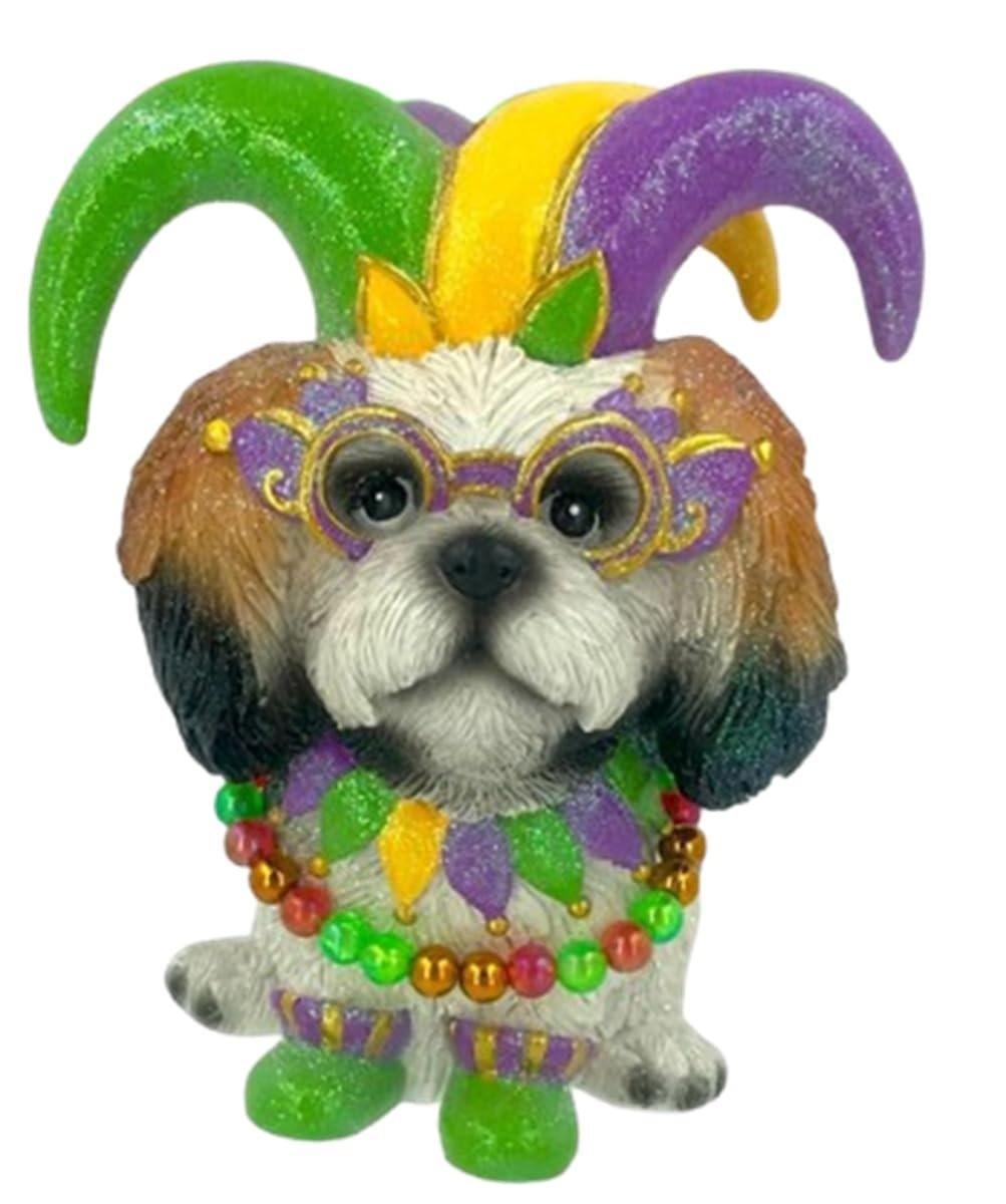 December Diamonds 65-65045 Resin Mardi Gras Shih Tzu with a Jester Hat Hanging Ornament or Will Stand Tabletop, 4.75 Inches Tall x 3.75 Inches Wide x 3.5 Inches Deep