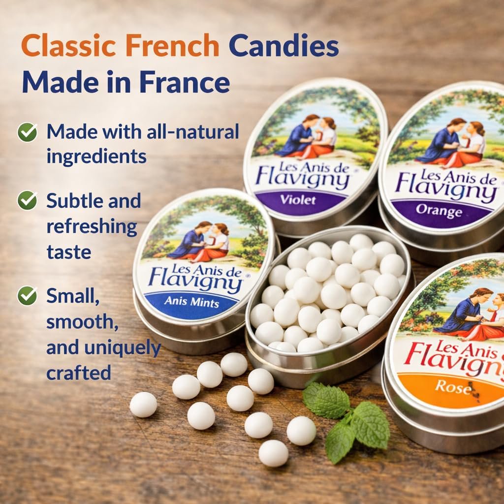 Les Anis de Flavigny French Mints Candy – Rose Flavor Hard Candy, Natural Gourmet Sweets in Classic Tin, 50g