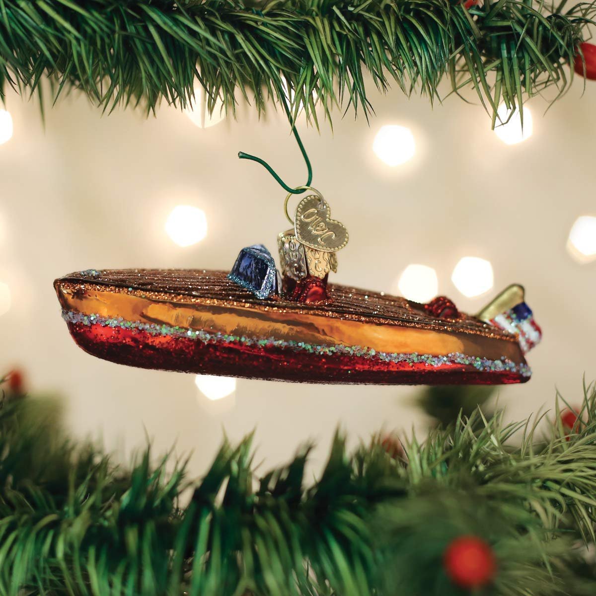 Old World Christmas Classic Wooden Boat Glass Blown Ornaments for Christmas Tree