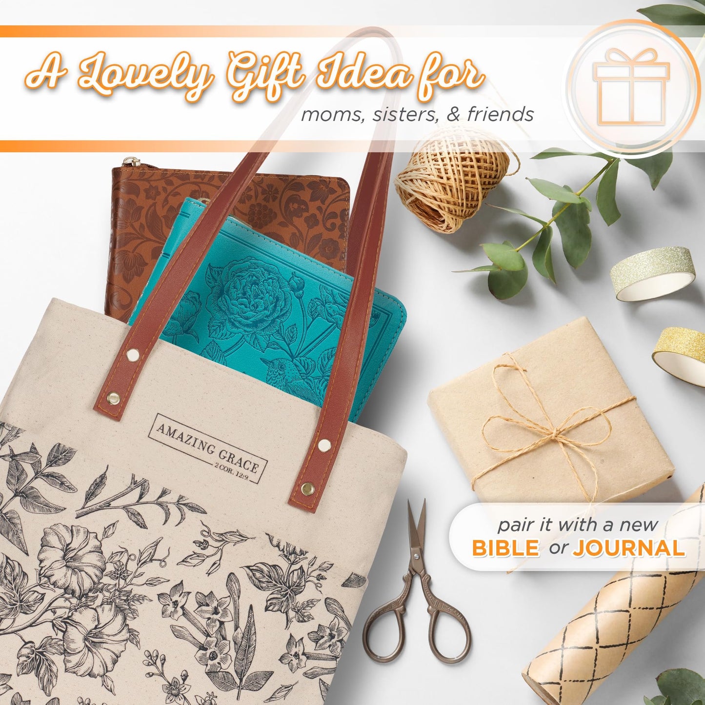 Christian Art Gifts Canvas Floral Tote Bag for Women: Amazing Grace Inspirational Scripture for Shopping, Supplies, Books, Accessories, Vegan Leather, Pocket, Zippered Closure, Creamy Tan & Brown