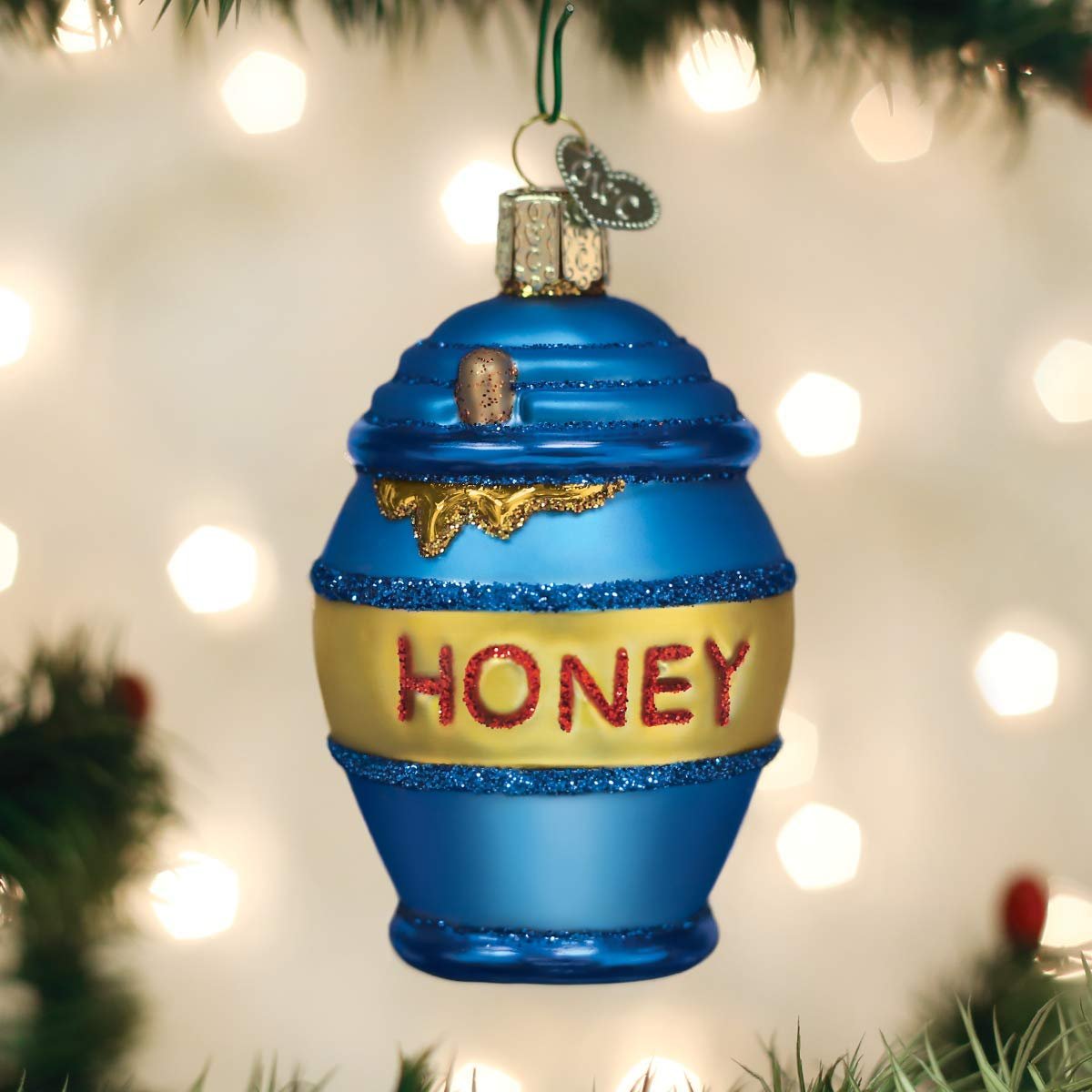 Old World Christmas Bee Collection Glass Blown Ornament for Christmas Tree, Honey Pot