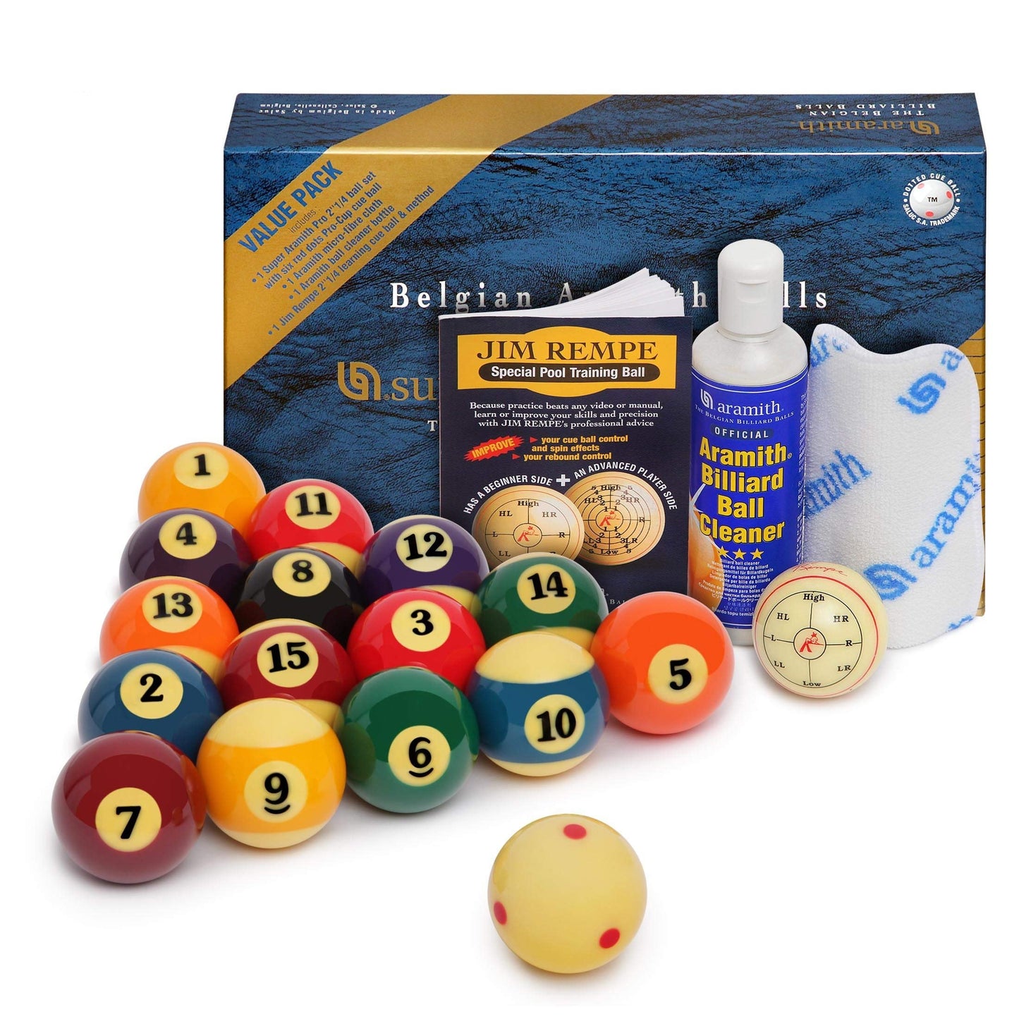 Aramith Super Pro-Cup Value Pack (Super Pro Billiard Pool Ball Set 2 1/4" with Six Red Dots Pro-Cup Cue Ball, Micro-Fibre Cloth, Ball Cleaner, Jim Rempe 2 1/4" Training Ball)