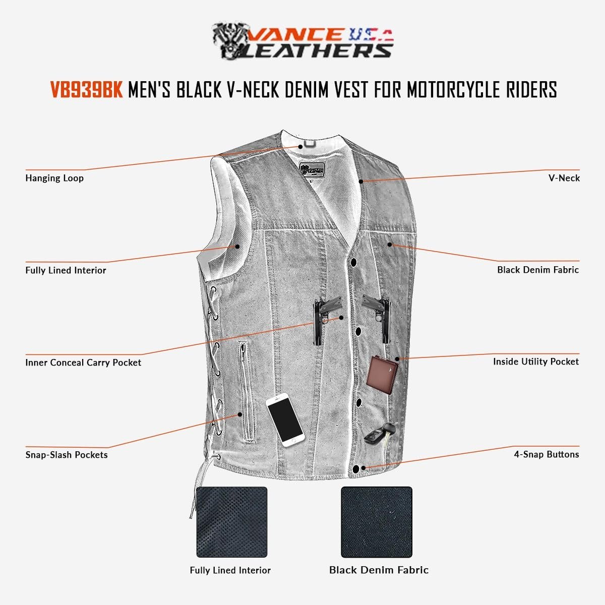 Vance Men's V-Neck Denim Vest for Motorcycle Riders with Conceal Carry Pockets