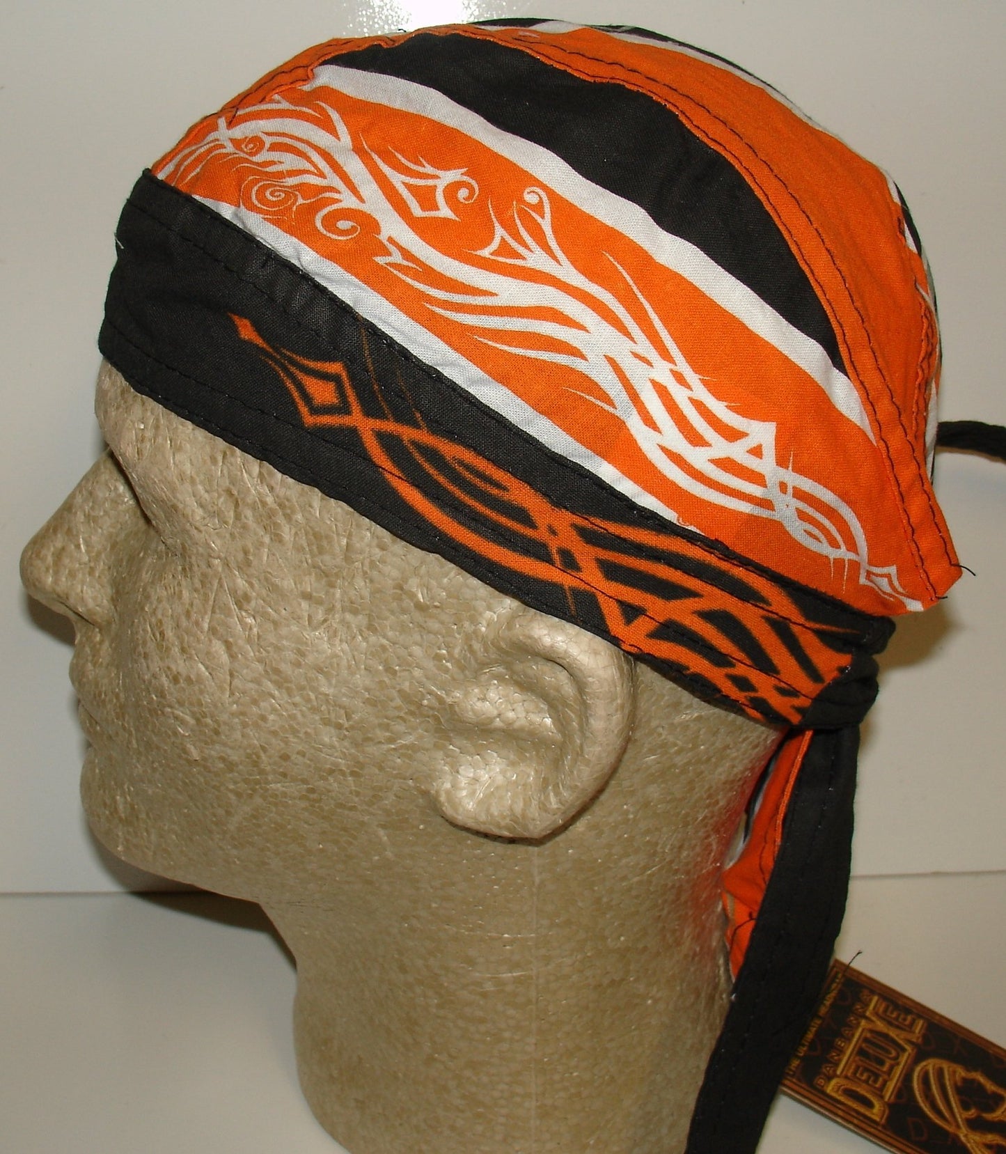 Danbanna Deluxe Orange Black Grey Pinstripe Flames Ride Forever Headwrap Doo Rag Skull Cap