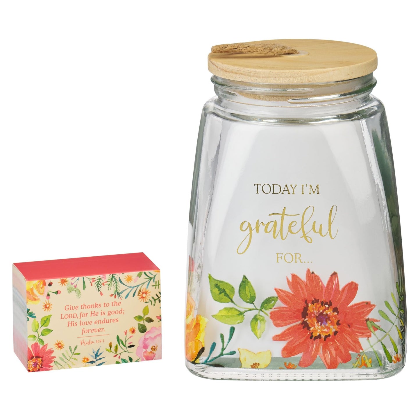 Christian Art Gifts Keepsake Count Your Blessings Glass Gratitude Jar Set with Bible Verse Note Cards - Today I'm Grateful For, Floral Orange Daisy
