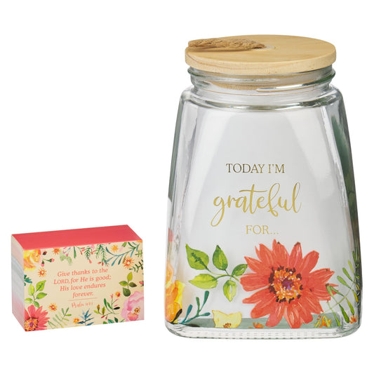 Christian Art Gifts Keepsake Count Your Blessings Glass Gratitude Jar Set with Bible Verse Note Cards - Today I'm Grateful For, Floral Orange Daisy