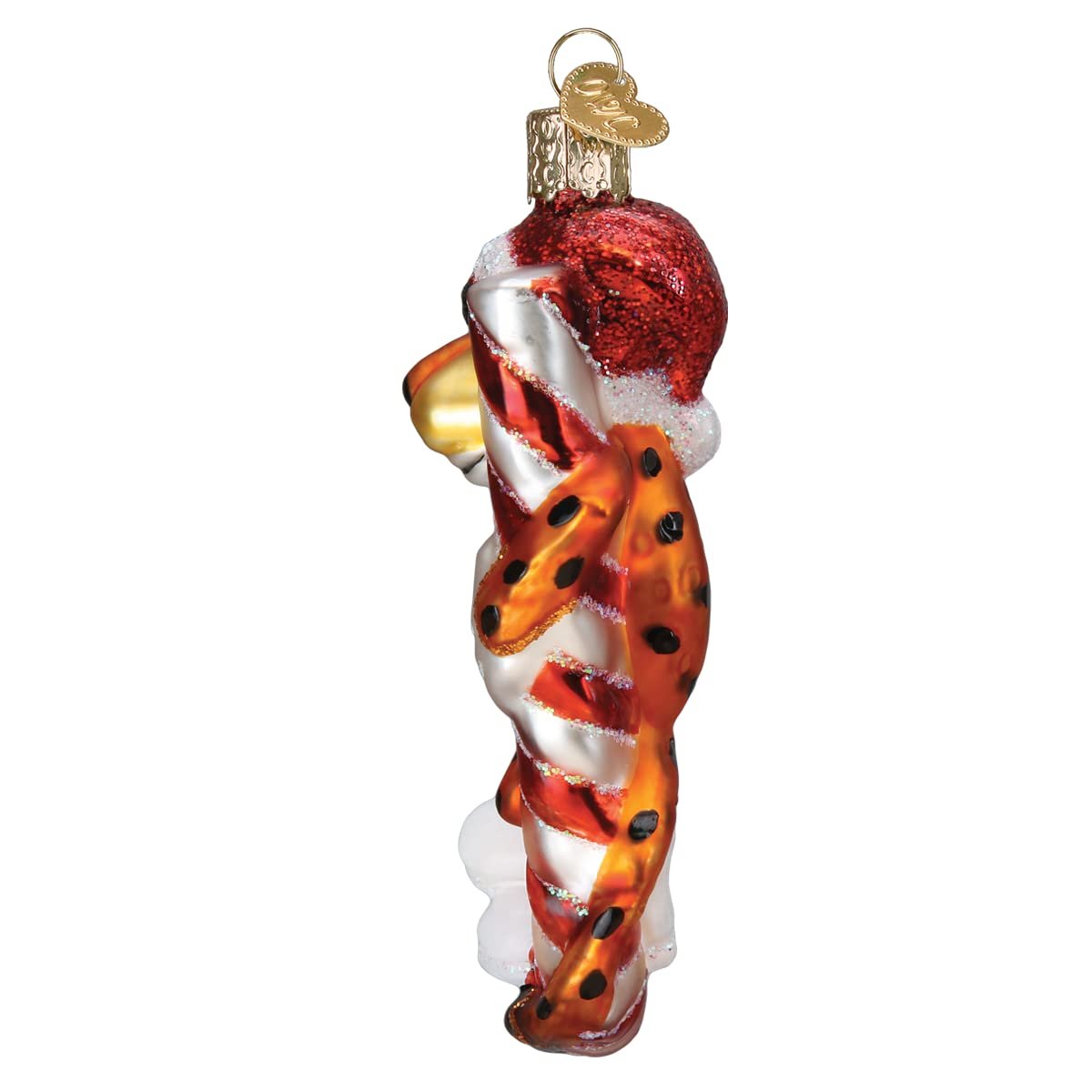 Old World Christmas Chester Cheetah On Candy Cane Glass Blown Ornament for Christmas Tree
