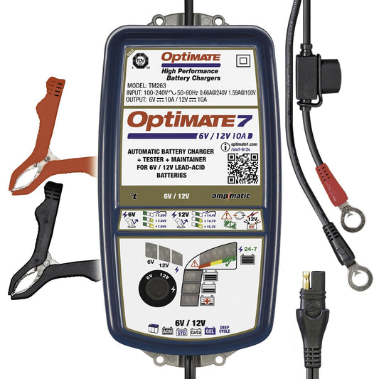 Optimate7 6V/12V - 10A, High Performance Battery Saving Charger & Maintainer for Automotive, AGM, Deep-Cycle and RV Batteries (TM-263)
