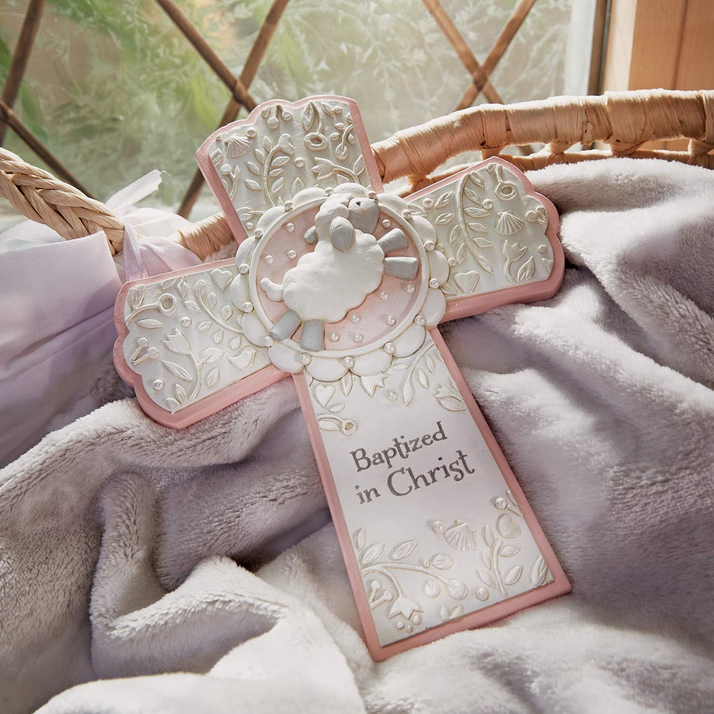 Creative Brands Faithworks - Baptized In Christ Hanging Resin Wall Cross, 6 x 8-Inch, Pink