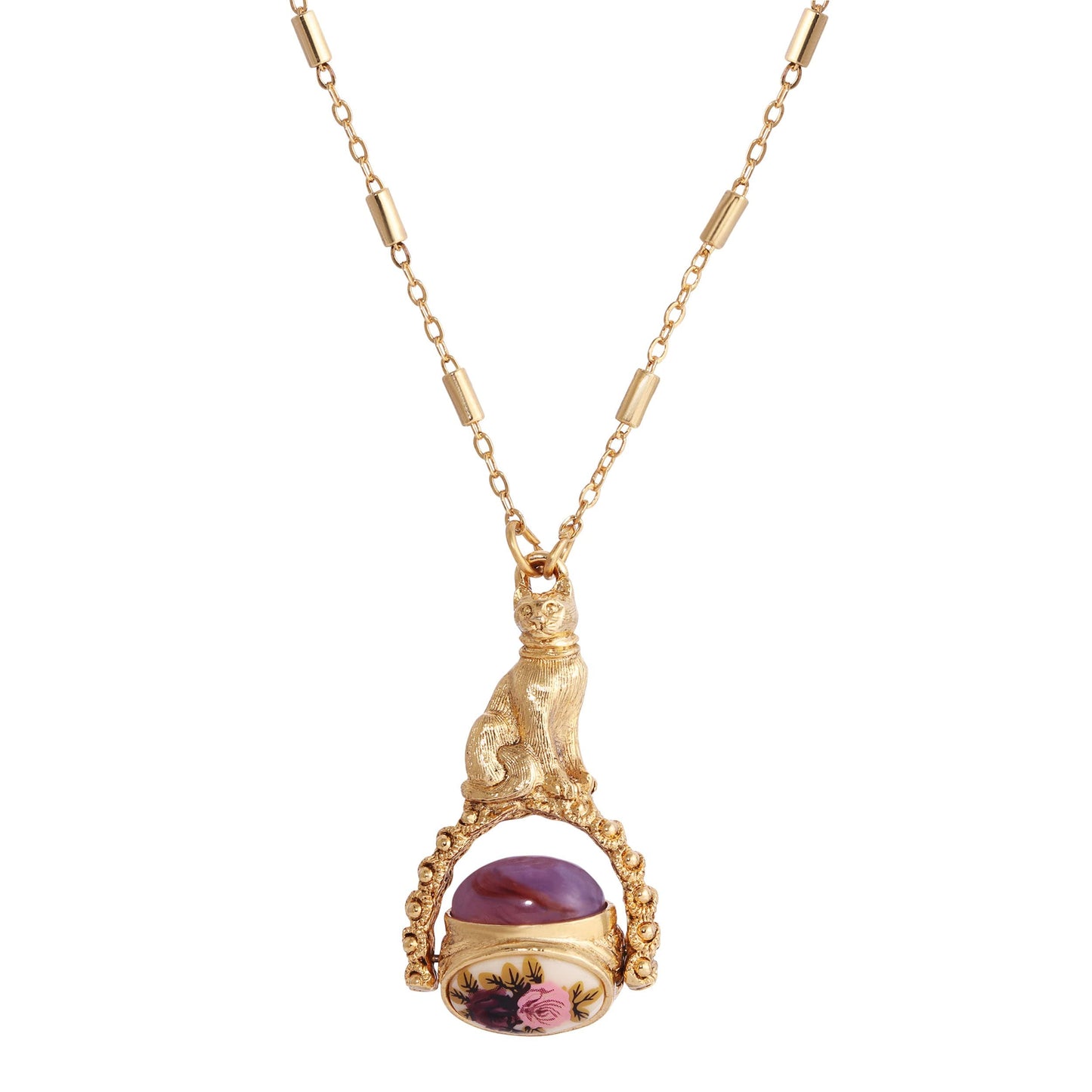 1928 Jewelry Manor House Pink & Purple Stone Spinner Cat Pendant Necklace 30", Romantic Roses Vintage Victorian Inspired Aesthetic, 14K Gold Dipped, Made in USA