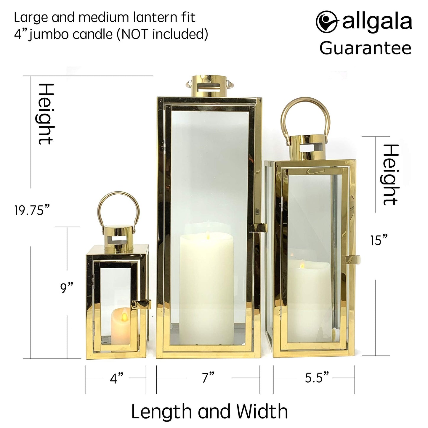 Allgala Lantern Set 3-PC Jumbo Deluxe Modern Indoor/Outdoor Candle Lantern Set with Chrome Plated Structure and Tempered Glass for Garden Poolside Fireplace Wedding