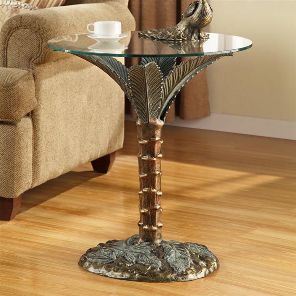 SPI Cast Aluminum Palm Tree Glass Top End Table