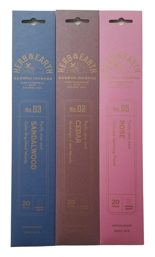 Nippon Kodo Herb & Earth Bamboo Incense Combo Set (Cedar, Rose, Sandalwood) 20 Sticks Each Scent