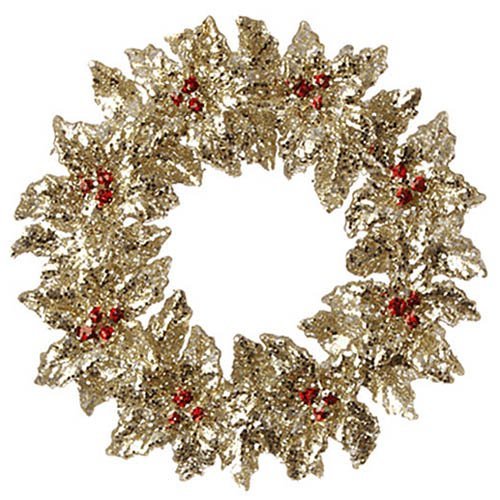 RAZ Imports Glittered Gold Holly and Red Berry Wreath Ornament