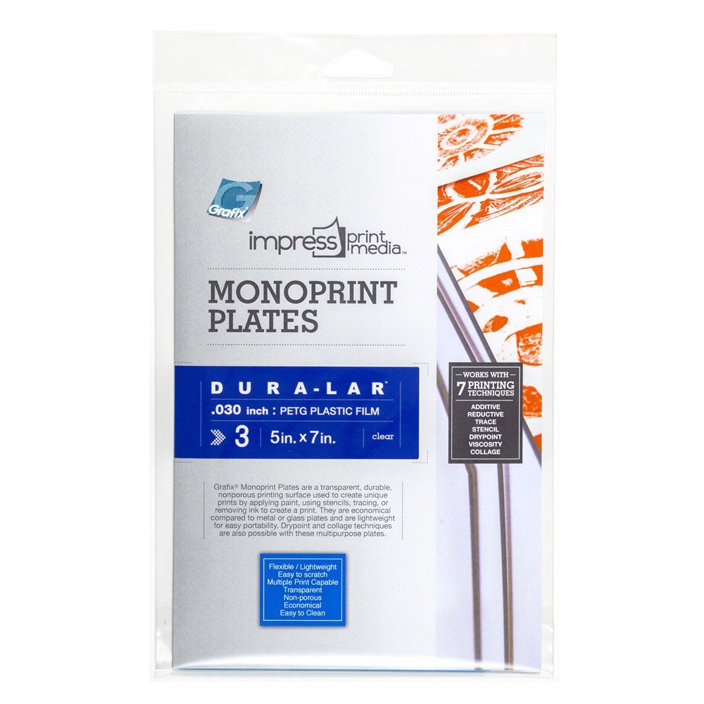 Grafix Impress Print Media Monoprint Plate – 5 x 7”, Pack of 3 – Transparent, Lightweight, Non-Porous .030” Dura-Lar Monoprinting Surface, Economical Alternative to Metal or Glass Plates