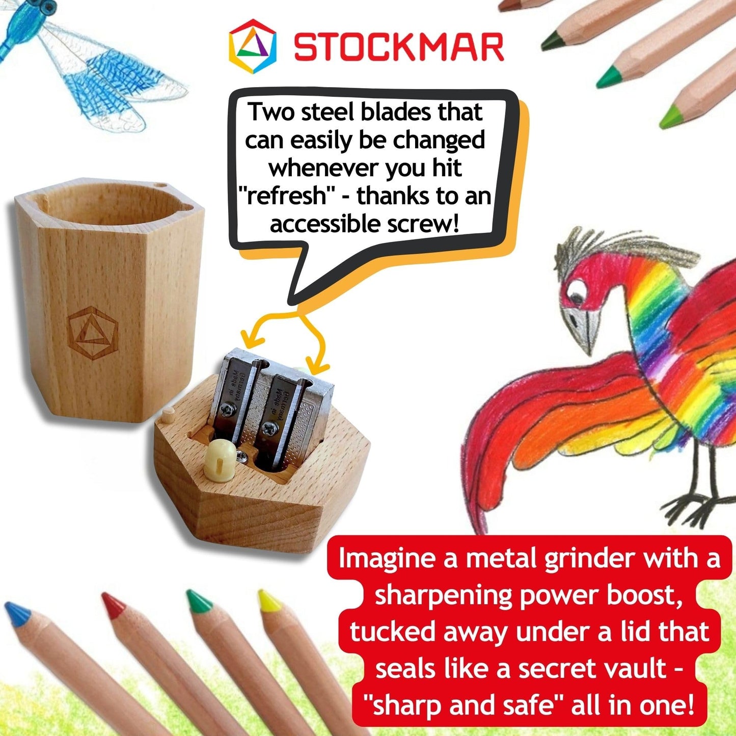 Stockmar Dual Pencil Sharpener FSC Lime Wood for Thin and Thick Pencils - Triangular and Hexagonal Shape - Colour Giants Stockmar, Waldorf Art Supplies, Made in Germany