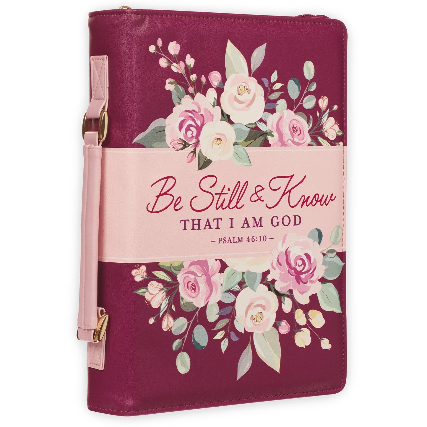 Christian Art Gifts Fashion Vegan Leather Bible Cover Case for Women: Be Still & Know Inspirational Scripture, Sturdy Easy Carry Bag, Pen Loops, Pockets. Stationery Storage, Purple Plum & Pink Floral