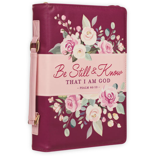 Christian Art Gifts Fashion Vegan Leather Bible Cover Case for Women: Be Still & Know Inspirational Scripture, Sturdy Easy Carry Bag, Pen Loops, Pockets. Stationery Storage, Purple Plum & Pink Floral