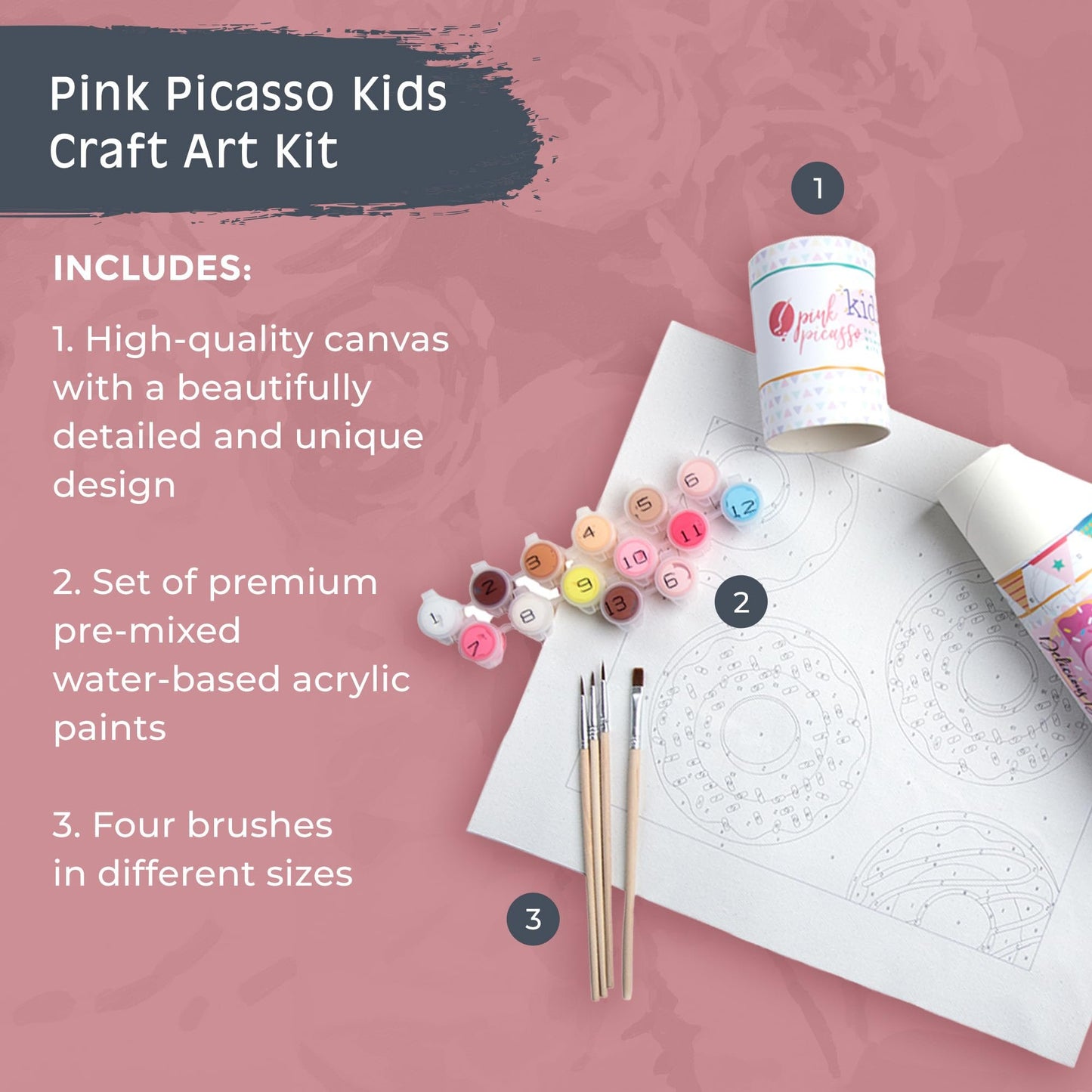 Pink Picasso Kits Paint by Number for Kids | DIY 8x10 Beginner Color by Numbers Canvas Painting Art Kits | Delicious Doughnuts