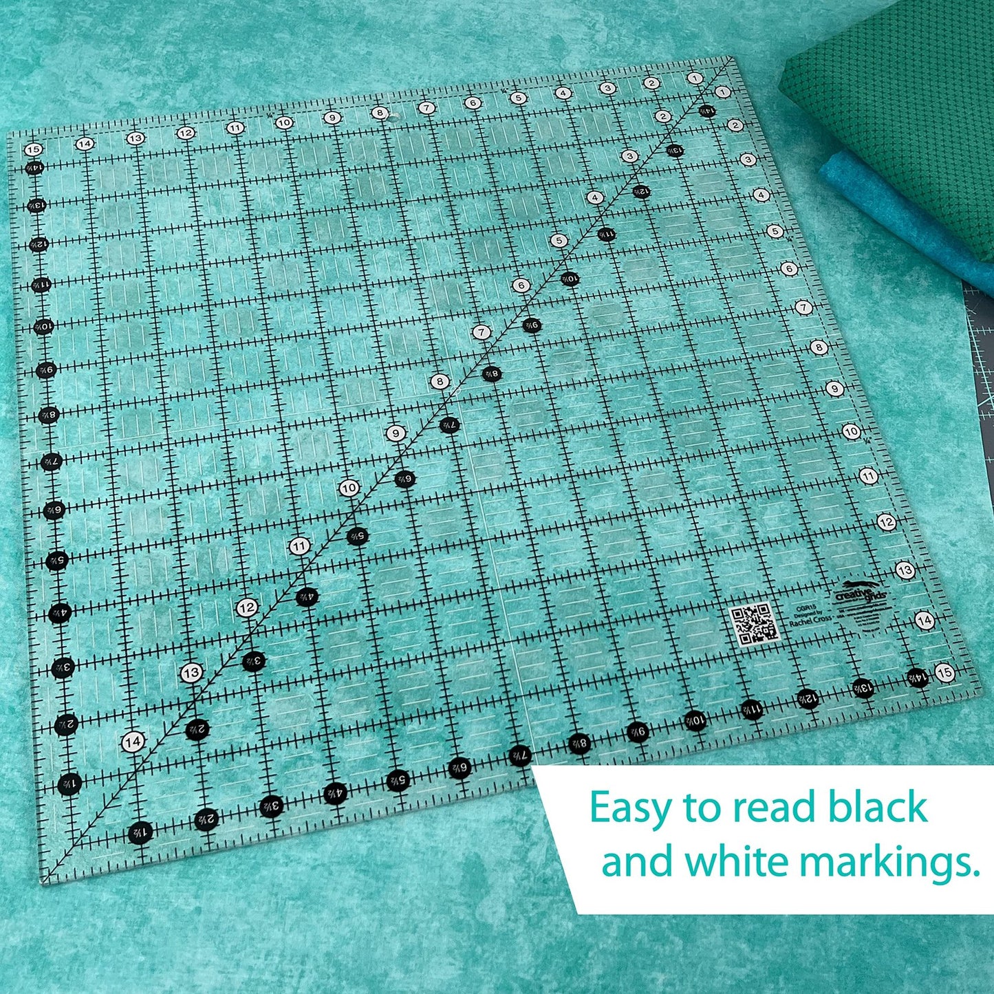 Creative Grids Quilt Ruler 15-1/2in x 15-1/2in Square – CGR15 – Made in USA, Non-Slip Grip Acrylic Quilting, Sewing, Crafting, Patchwork Ruler for Measuring & Cutting Fabric