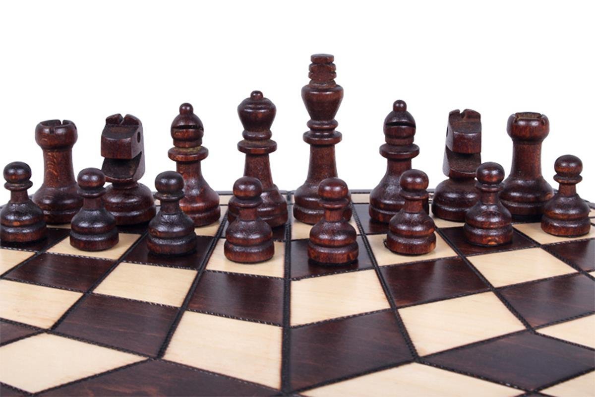 Medium 3 Player Chess Set - 40cm Hexagonal Board with Edge Numbers, Brown, White and red Pieces
