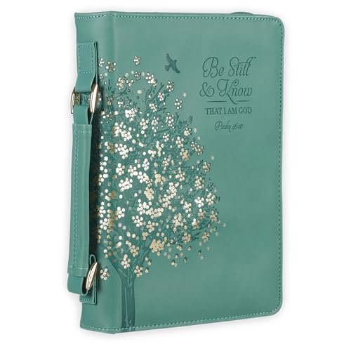 Christian Art Gifts Fashion Vegan Leather Bible Cover for Women: Be Still & Know Inspirational Bible Verse, Teal Floral, Large