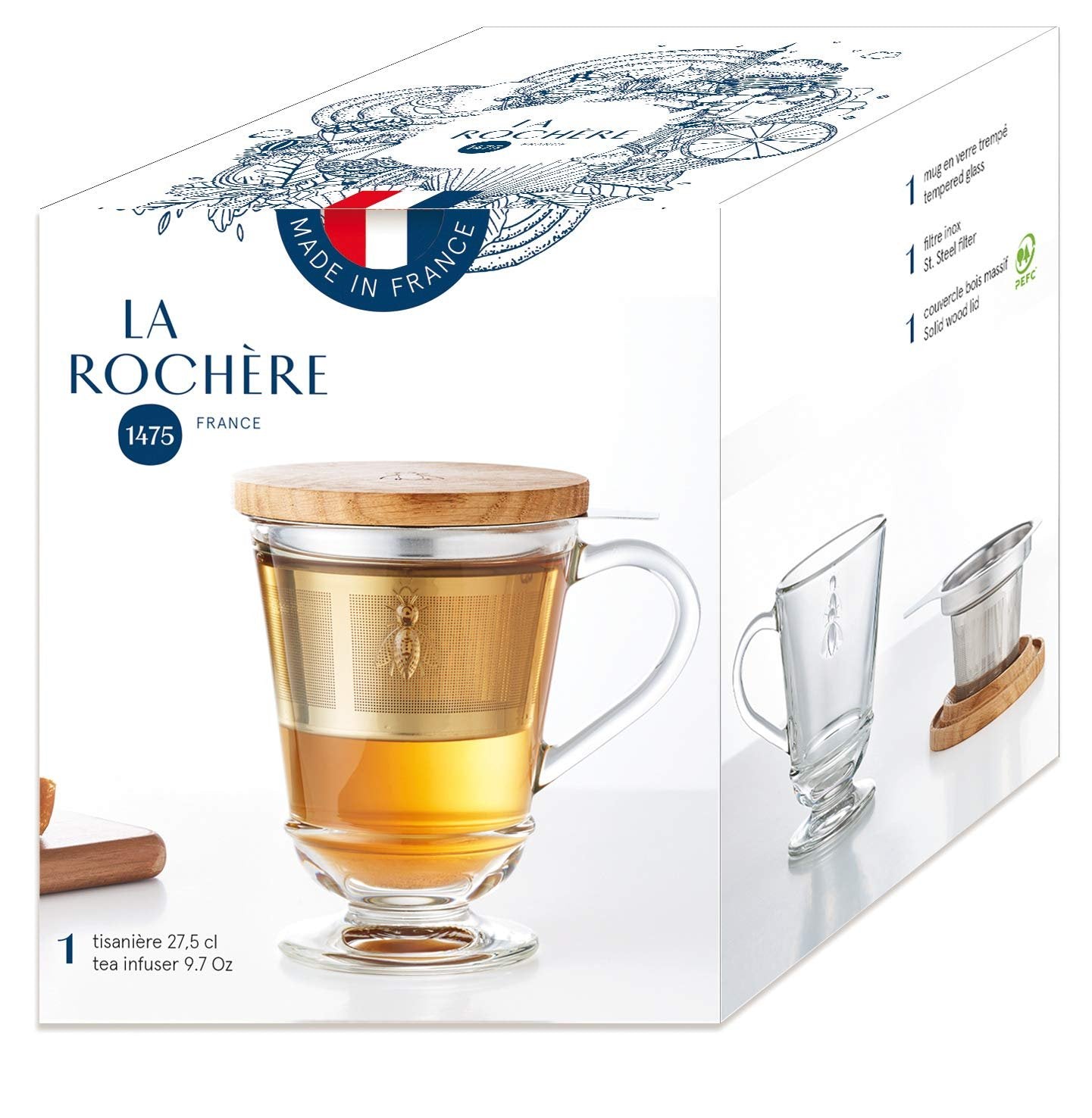 La Rochere Napoleon Bee Tea Cup with Infuser and Lid — Stylish Tea Cups for Any Occasion – Vintage Glassware (9.oz)