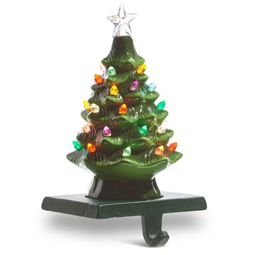 RAZ Imports Vintage Green Lighted Tree Stocking Holder, 8.5-inch Height, Ceramic, Metal and Plastic, Christmas, Home Décor