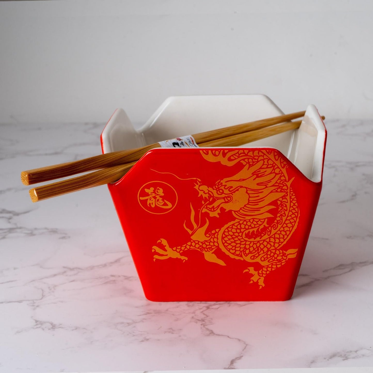 Urban Tokyo Chinese Takeout Box Style Porcelain Bowl With Chopsticks 18 fl oz Square Box Shape Rice Noodles Pasta To Go Box Shaped Bowl Microwave Dishwasher Safe (Classic Pagoda)