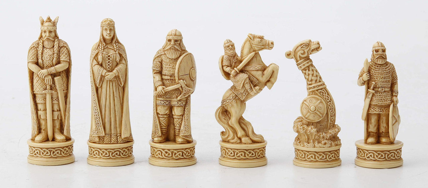 Veronese Design 3 1/4 Inch Viking Chessmen Set Hand Painted Resin Wood Ivory Finish Statue Home Decor
