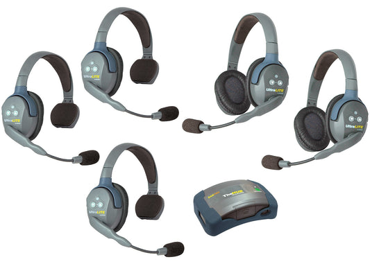 Eartec HUB532 UltraLITE Wireless System - 1 HUB Full Duplex Transceiver, 3-Pack of ULSR Single-Ear DECT Headset, 2-Pack ULDR Dual Ear Remote Headsets