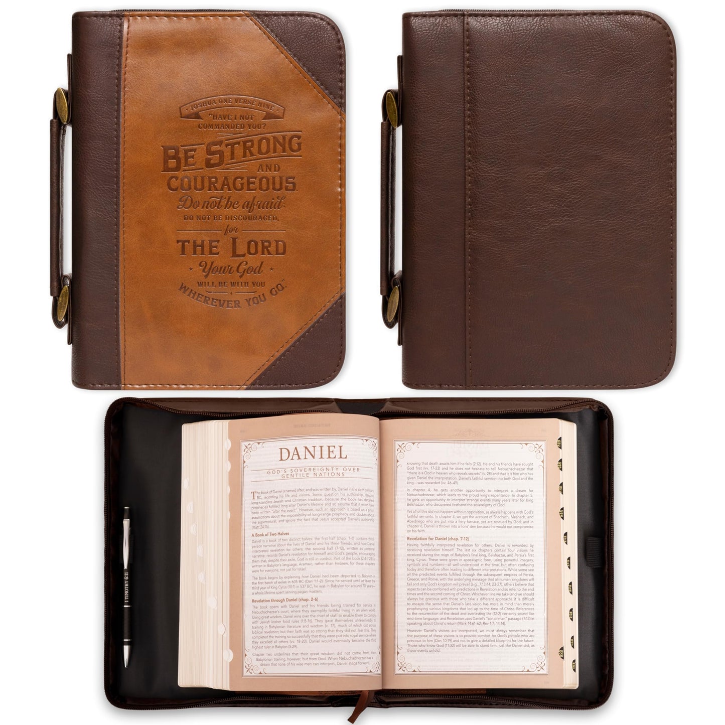 Christian Art Gifts Classic Bible Cover Be Strong and Courageous Joshua 1:9 Faux Leather, Saddle Tan/Brown