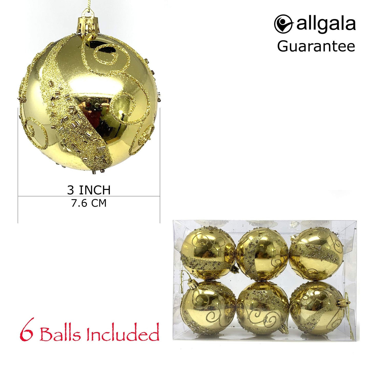 allgala 6-PK 3 Inch Luxury Glitter Rich Decoration Christmas Tree Ornament Balls