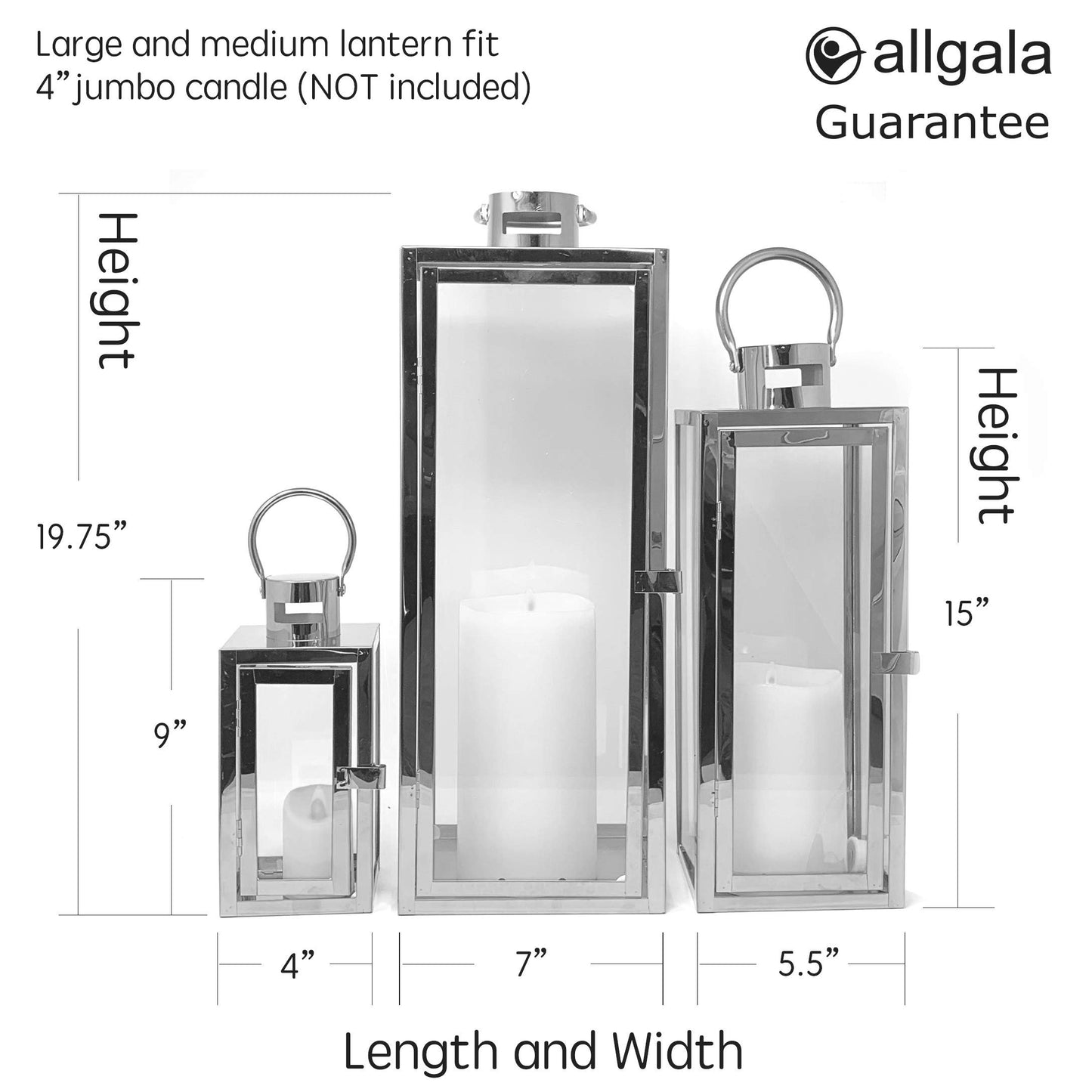 Allgala Lantern Set 3-PC Jumbo Deluxe Modern Indoor/Outdoor Candle Lantern Set with Chrome Plated Structure and Tempered Glass for Garden Poolside Fireplace Wedding