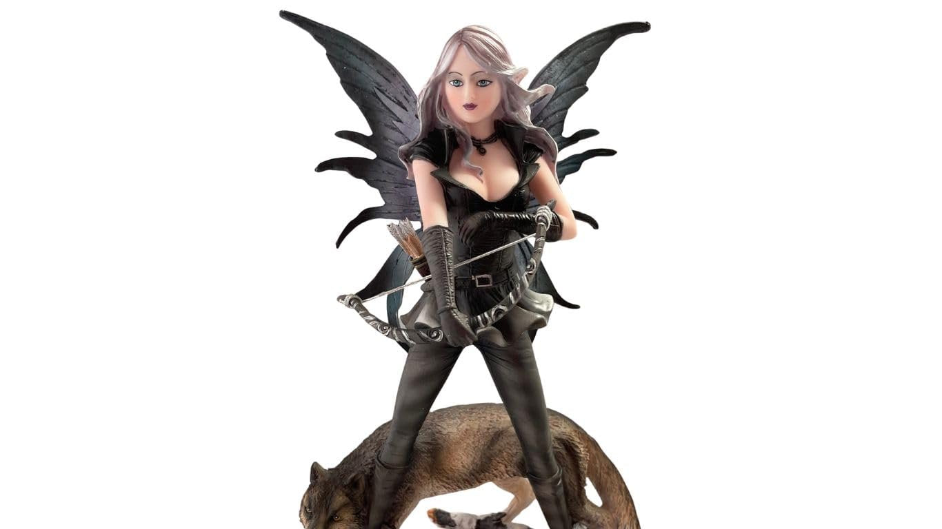 PTC 10 Inch Warrior Winged Fairy with Wolf and Bow Statue Figurine