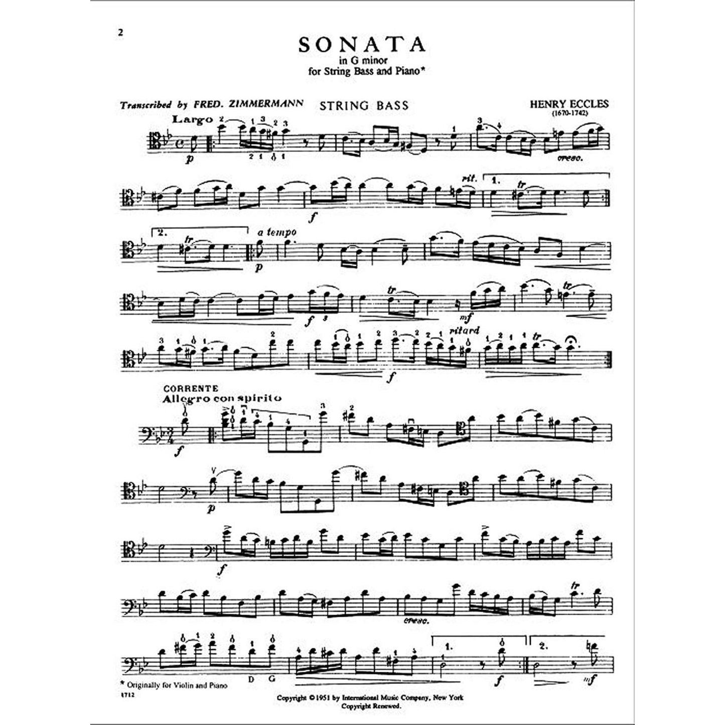 Eccles Henry Sonata in g minor - Double Bass and Piano - edited by Fred Zimmermann - International