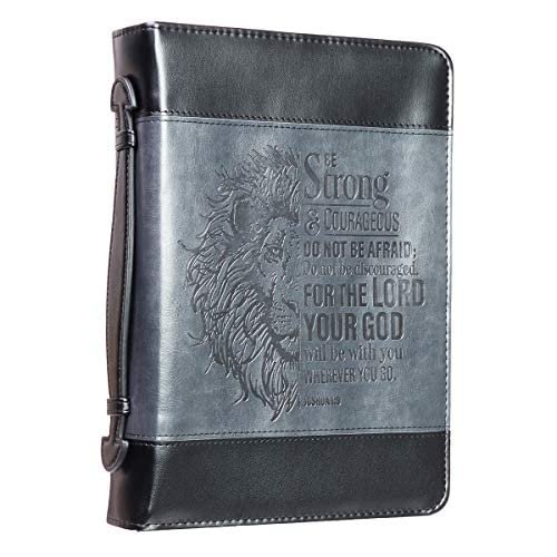 Christian Art Gifts Classic Faux Leather Bible Cover for Men and Women: Be Strong and Courageous - Joshua 1:9 Inspirational Bible Verse with Lion, Gray and Black, Medium