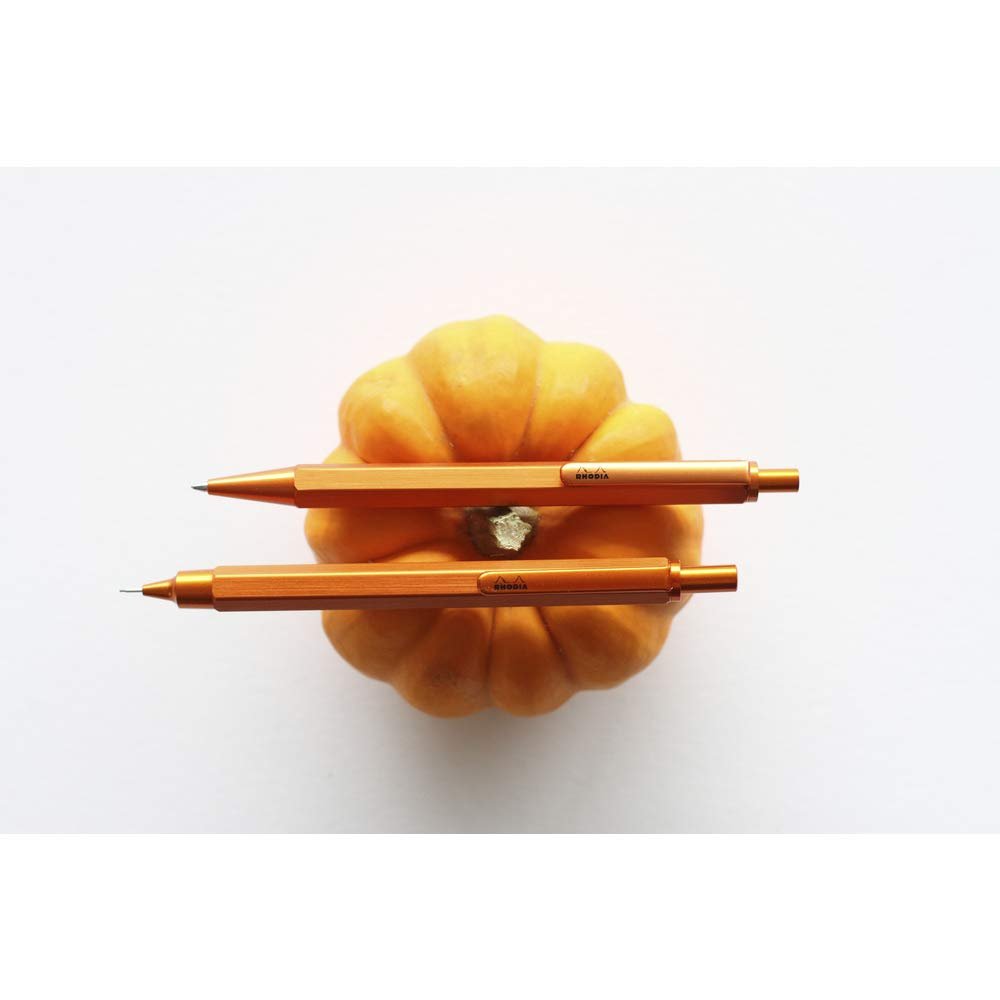 RHODIA 9388C - Script Refillable Ballpoint Pen Hexagonal Brushed Aluminium Body - Orange - 0.7 mm High Precision Retractable Ball Point, Black Ink - Script Collection