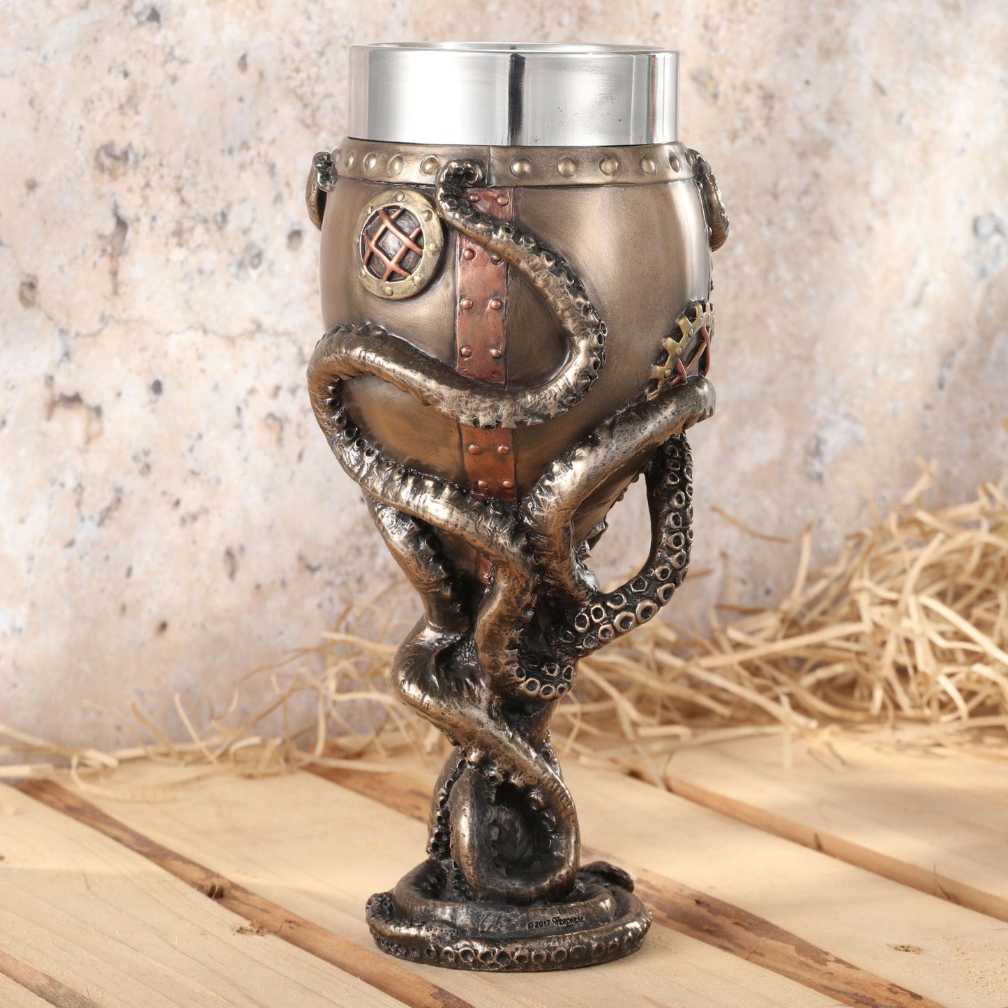 Veronese Design 7 1/2 Inch Steampunk Octopus Diving Bell Goblet Cold Cast Resin Bronze Finish Stainless Steel Cup (7 fl oz)